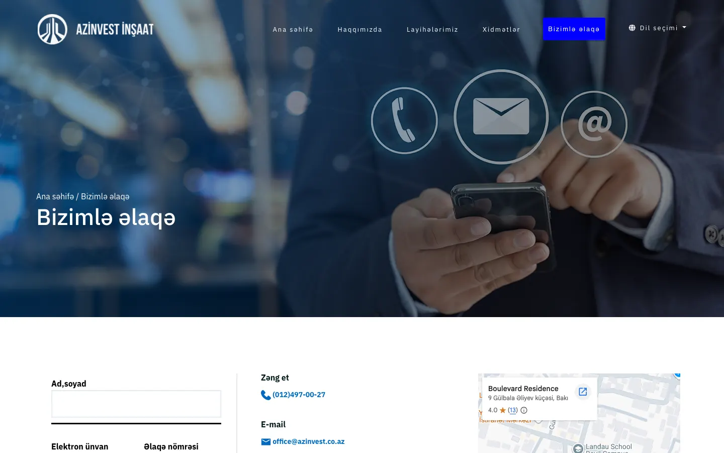 Corporate construction portfolio website for Azinvest İnşaat