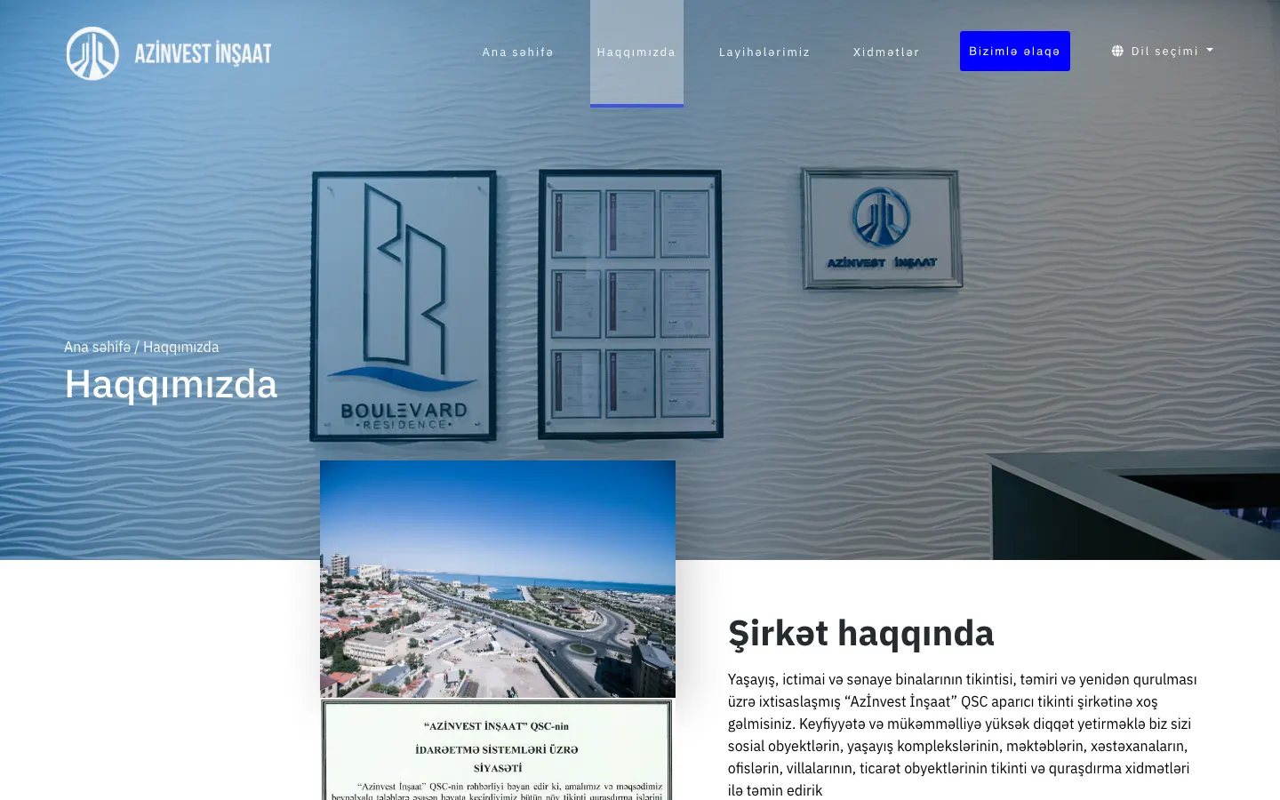 Corporate construction portfolio website for Azinvest İnşaat